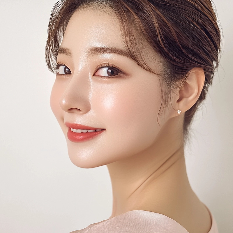 Side-profile portrait of a smiling woman with her hair tied back and a clear jawline