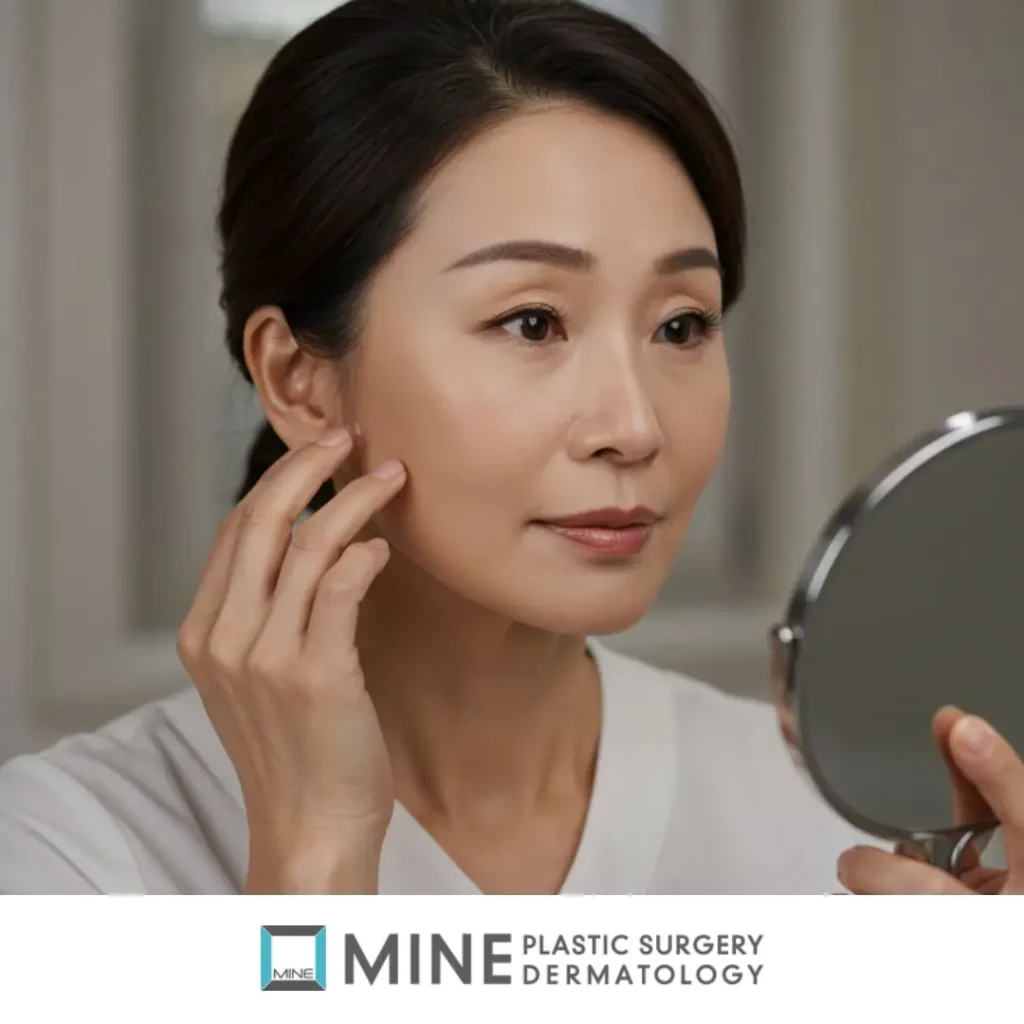 Woman examining cheek area in mirror while checking recovery and possible SMAS facelift side effects after facial surgery.