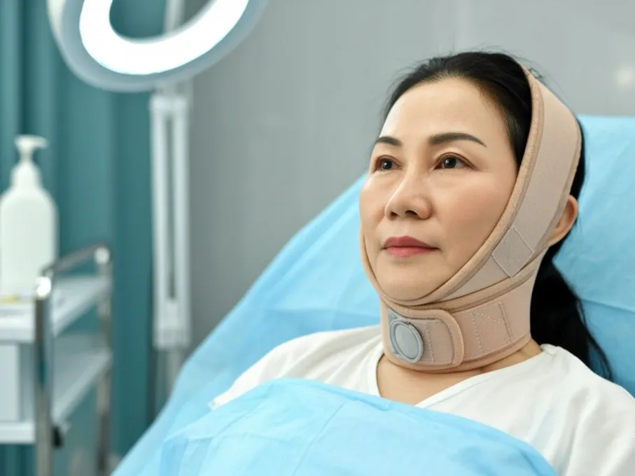 Woman wearing facial compression bandage during recovery period to reduce swelling and support healing from SMAS facelift side effects.