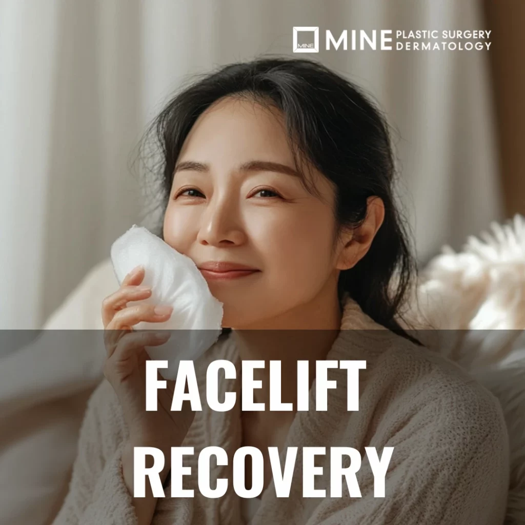 Smiling woman gently holding a cold compress to her cheek at home, illustrating proper self-care and swelling management during facelift recovery.