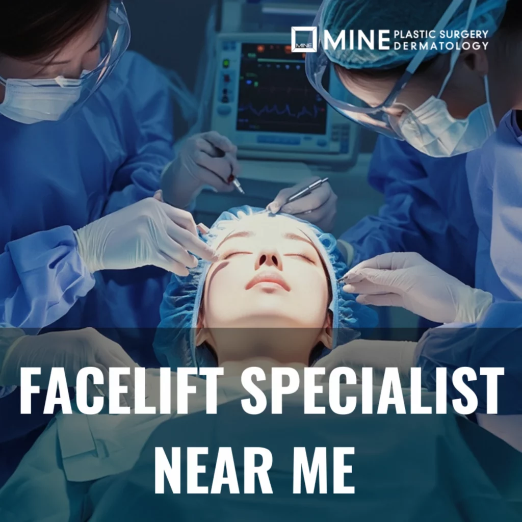Surgical team performing a facial rejuvenation procedure in an operating room, illustrating treatment by a facelift specialist with advanced techniques and monitoring equipment.