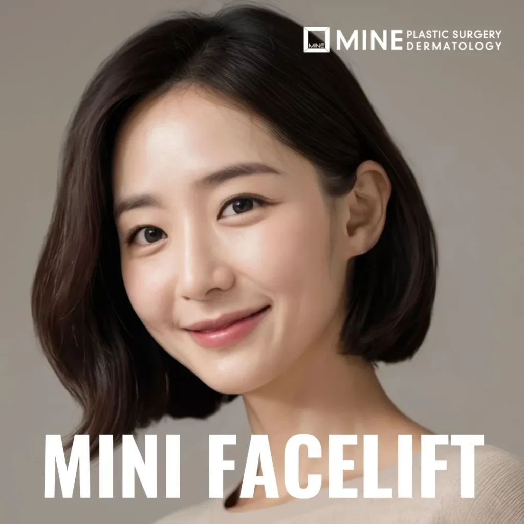Woman with smooth, lifted facial contours and firm skin appearance after a Mini facelift, shown in a natural close-up portrait with a soft smile.