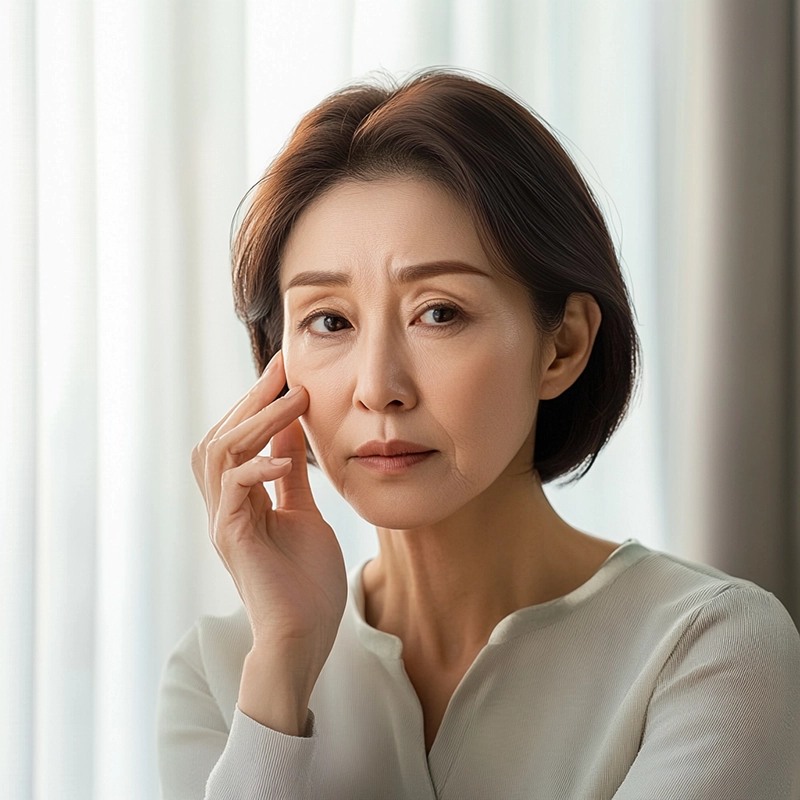 Middle-aged woman touching her cheek by soft window light, checking for early facial sagging and wondering whether she may need a facelift