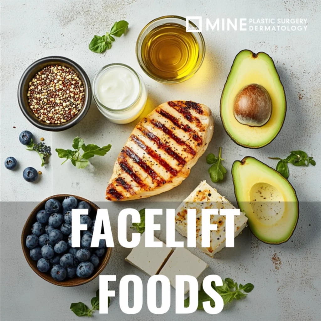 Healthy foods including grilled chicken breast, avocado, blueberries, olive oil, yogurt, and seeds arranged on a table, representing nutrient-rich choices that support facelift recovery.