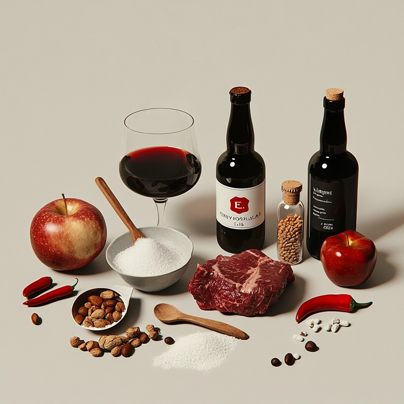 Foods to avoid after surgery such as alcohol, red meat, sugar, and spicy ingredients displayed on a table, illustrating dietary restrictions during facelift recovery.
