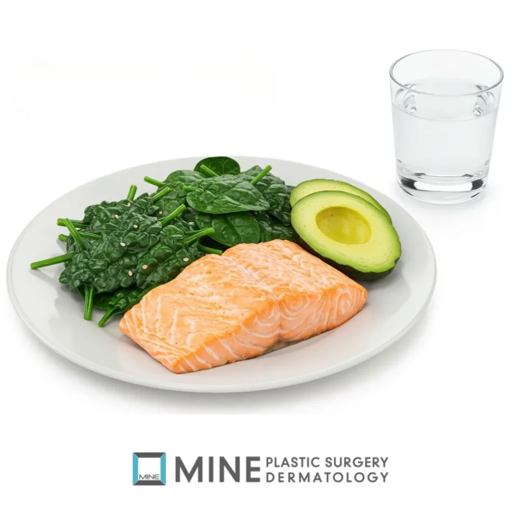 Healthy meal with salmon, spinach, avocado, and a glass of water, illustrating nutrition and hydration guidelines for facelift surgery prep and recovery.