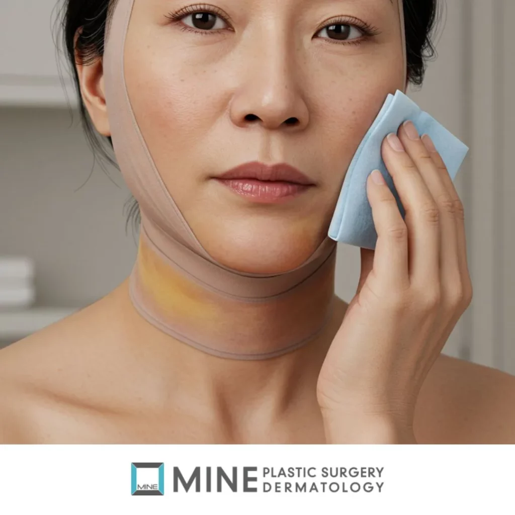 Woman in early facelift surgery recovery wearing a supportive chin bandage and applying a cooling compress to reduce swelling.