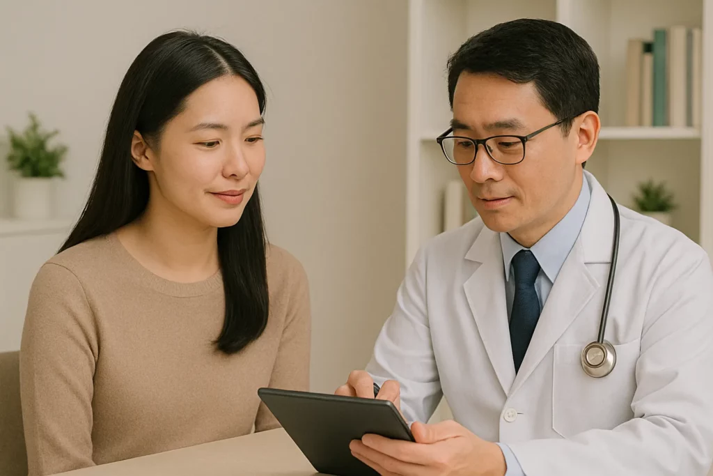 Patient consulting with a doctor about salivary gland reduction options for improving neck and jawline definition.