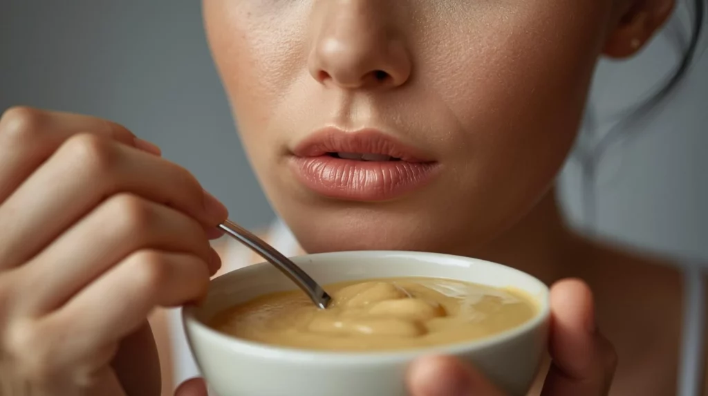 Female eating soft foods after surgery for double chin surgery recovery.