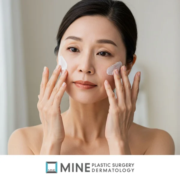 Middle-aged woman applying facial cream during skincare routine after facelift surgery to maintain skin health and recovery results.