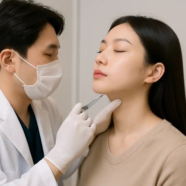 Doctor performing salivary gland reduction procedure on the submandibular area to improve jawline contour and reduce gland prominence.