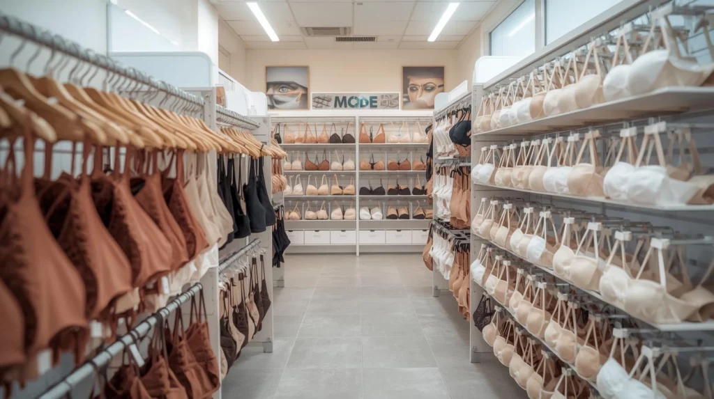 Display of various supportive and comfortable bras recommended for wear after breast augmentation, illustrating proper bra selection during postoperative recovery.