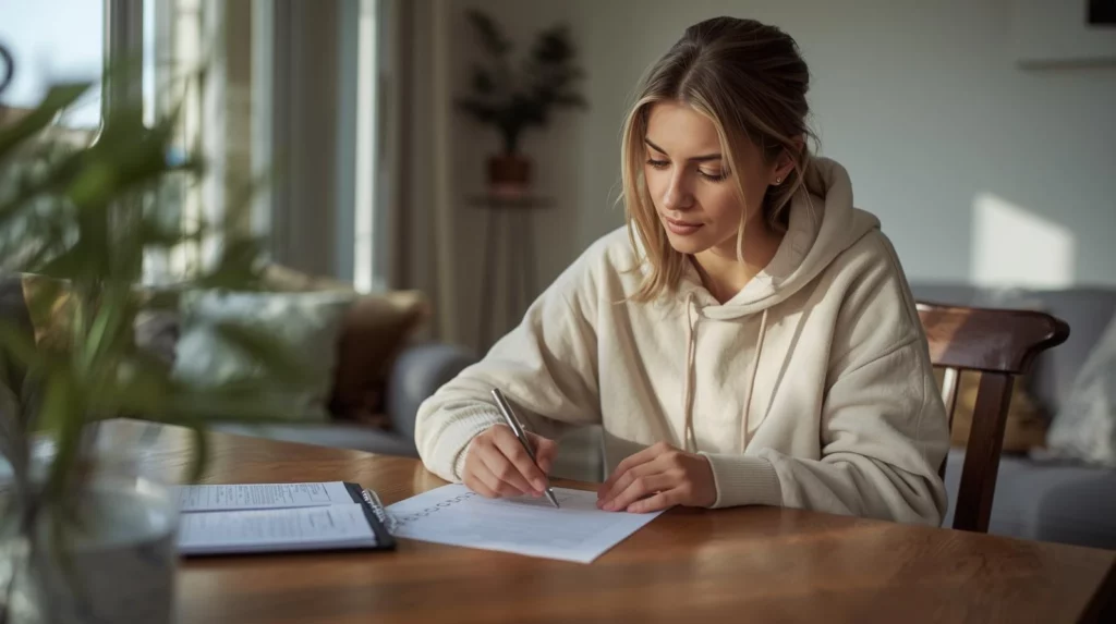Woman reviewing and checking a preparation checklist at home as part of breast augmentation preparation before surgery, illustrating preoperative planning and readiness.