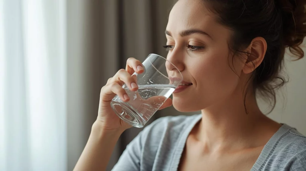 Double chin surgery recovery tips showing proper hydration by drinking water, helping reduce swelling and support healing after double chin surgery.