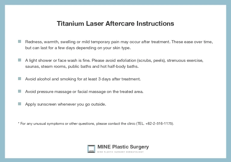 Titanium lifting aftercare instructions card from MINE Plastic Surgery: redness, washing, alcohol, massage and sunscreen rules