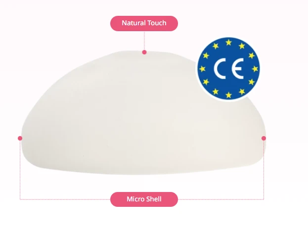 Silicone breast implant with natural touch and micro shell design, used to explain bras after breast augmentation method focused on comfort, support, and postoperative stability.