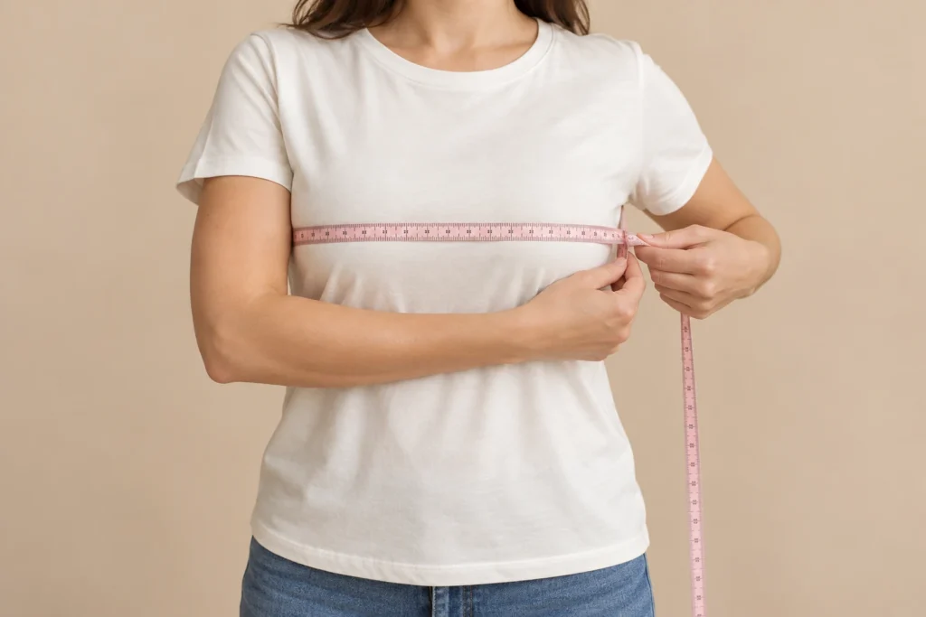 Woman in a white T-shirt measuring her chest with a pink tape measure, illustrating breast augmentation planning.