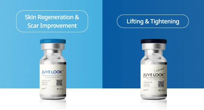Juvelook treatment vials for skin regeneration, scar improvement, lifting, and tightening displayed on a blue background.