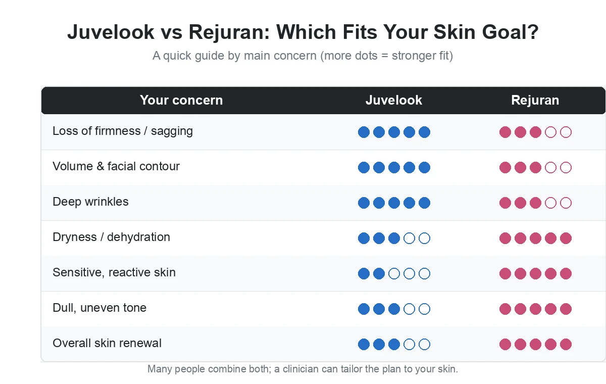Juvelook vs Rejuran decision guide showing the stronger fit for each skin concern