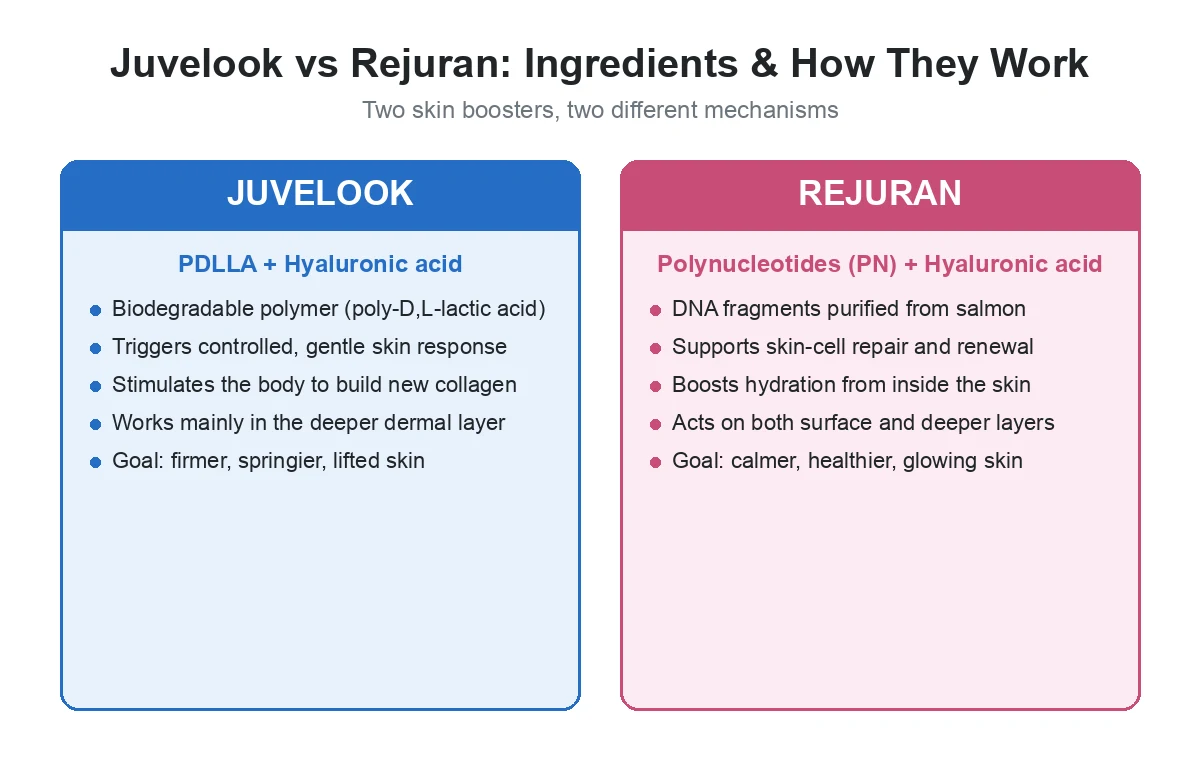 Juvelook vs Rejuran ingredient and mechanism comparison: PDLLA collagen stimulation versus polynucleotide cell repair