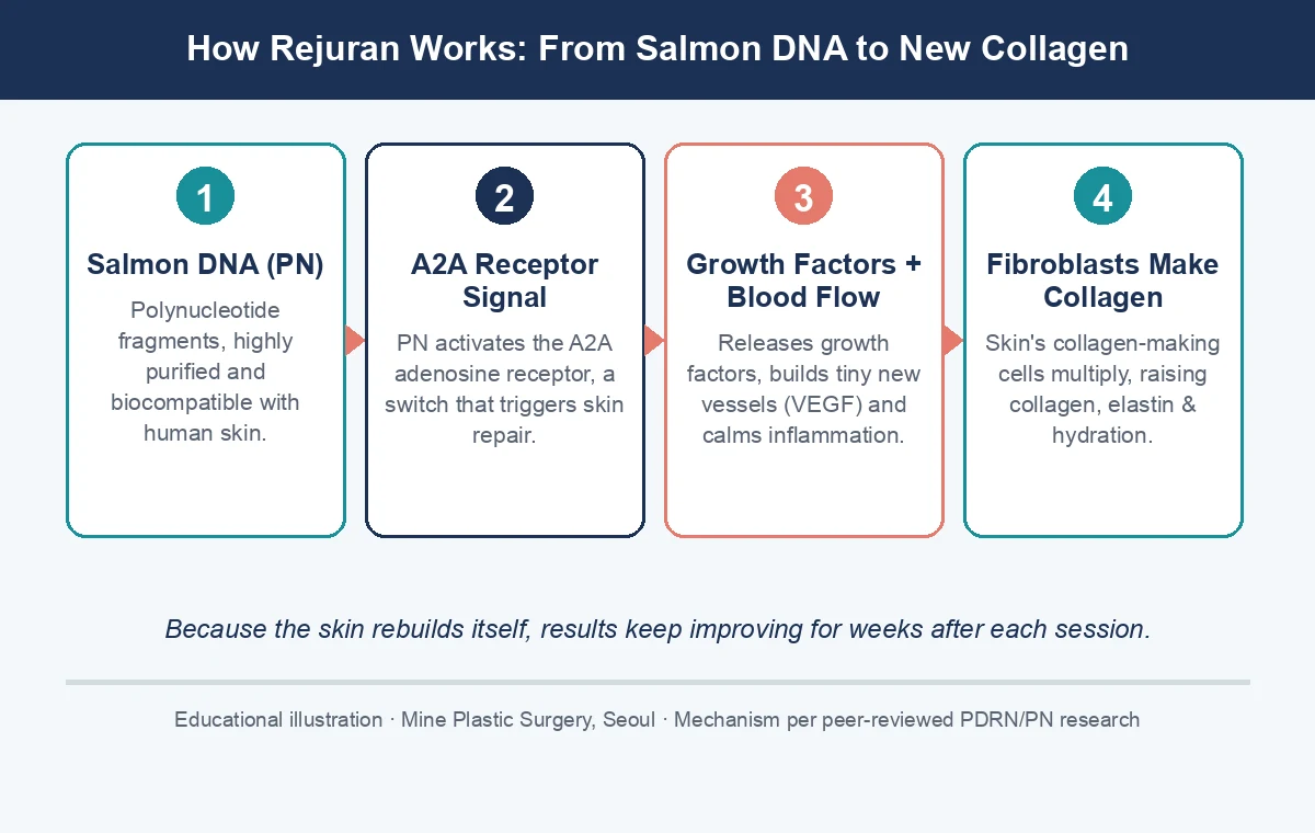 How Rejuran treatment benefits the skin: salmon DNA polynucleotide activates the A2A receptor, releasing growth factors so fibroblasts make new collagen