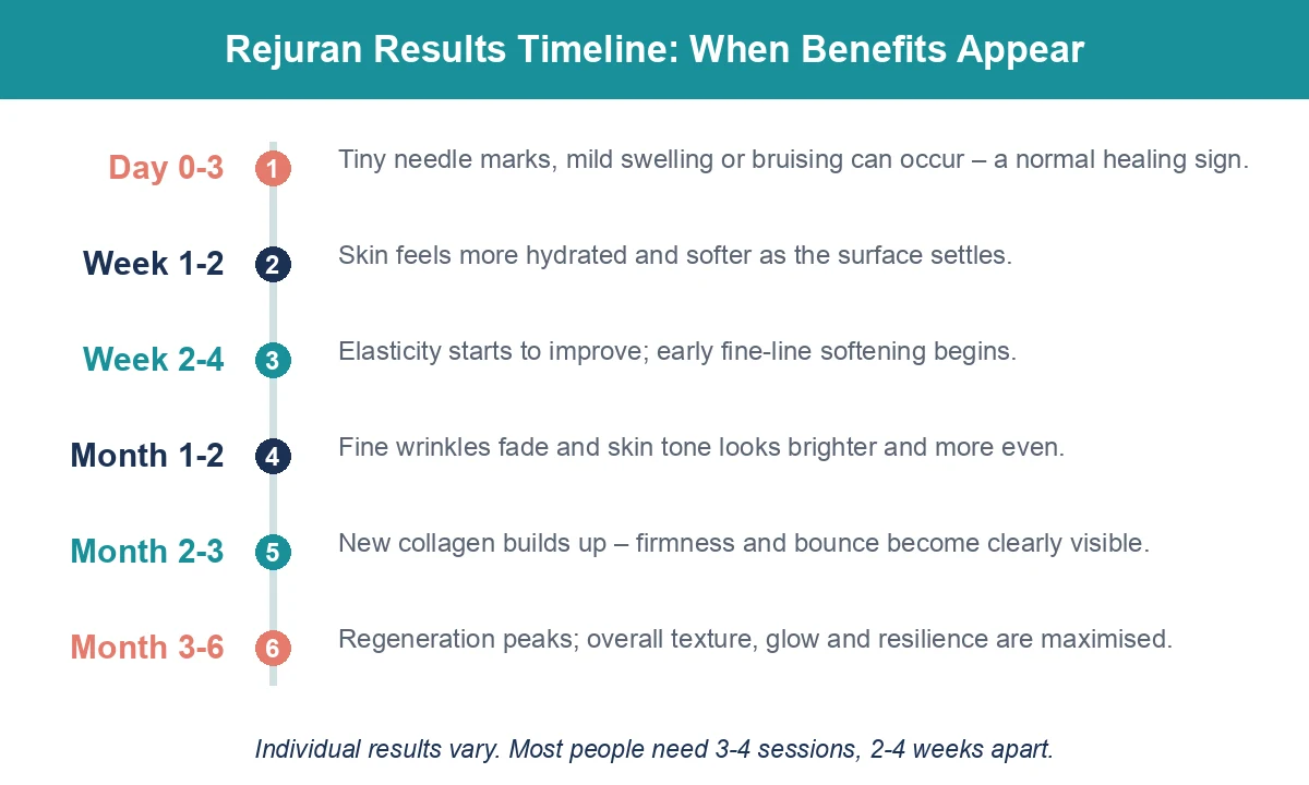 Rejuran treatment benefits results timeline showing how skin changes from day 0 to month 6 after injection