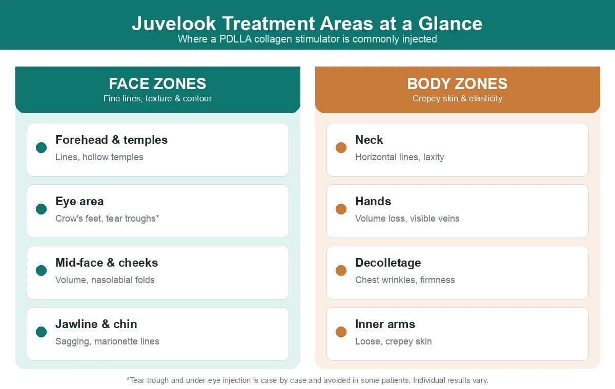 Juvelook treatment areas infographic showing facial zones (forehead, temples, eyes, cheeks, jawline) and body zones (neck, hands, decolletage, inner arms) for PDLLA collagen stimulator injection.