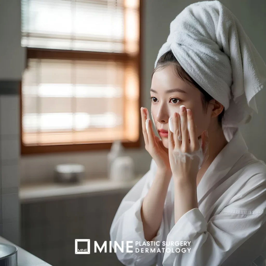 Female doing rejuran treatment cleansing routine.