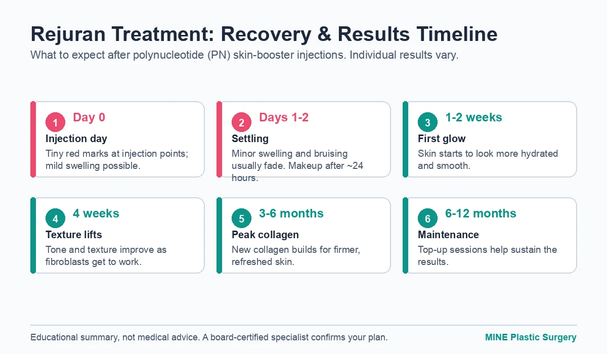 Rejuran treatment recovery and results timeline from injection day to 12-month maintenance at MINE Plastic Surgery