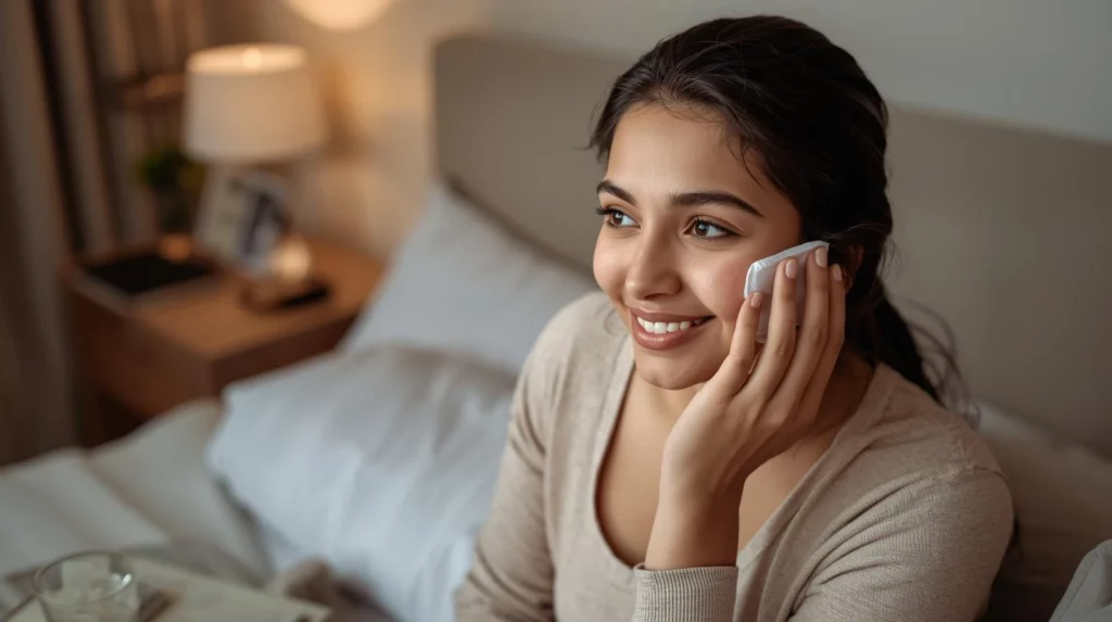 Patient applying a cold compress to the face while resting at home during saliva gland reduction surgery recovery, supporting swelling control and comfort.