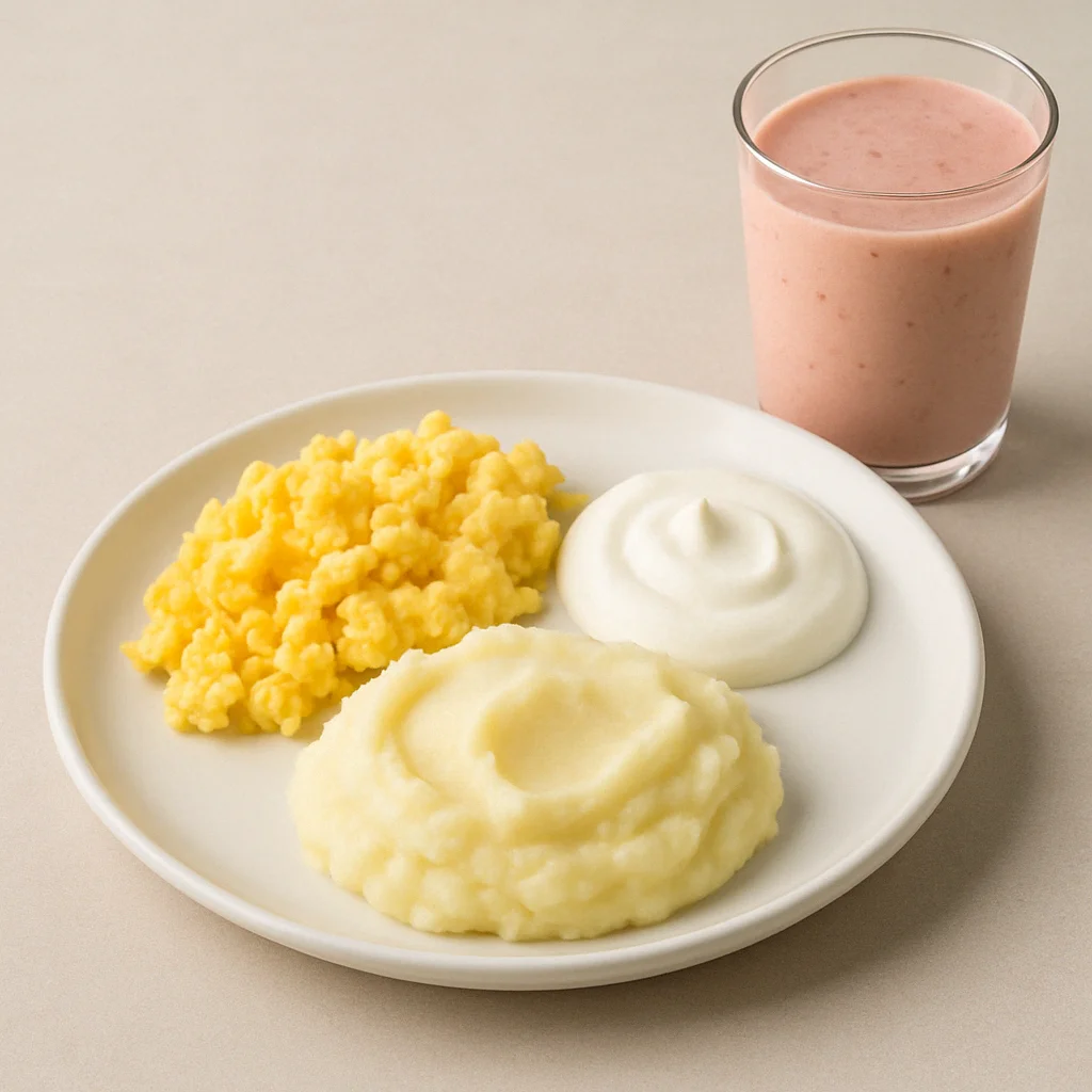 Soft recovery meal with mashed potatoes, scrambled eggs, yogurt, and a smoothie recommended during submandibular salivary gland reduction surgery recovery.