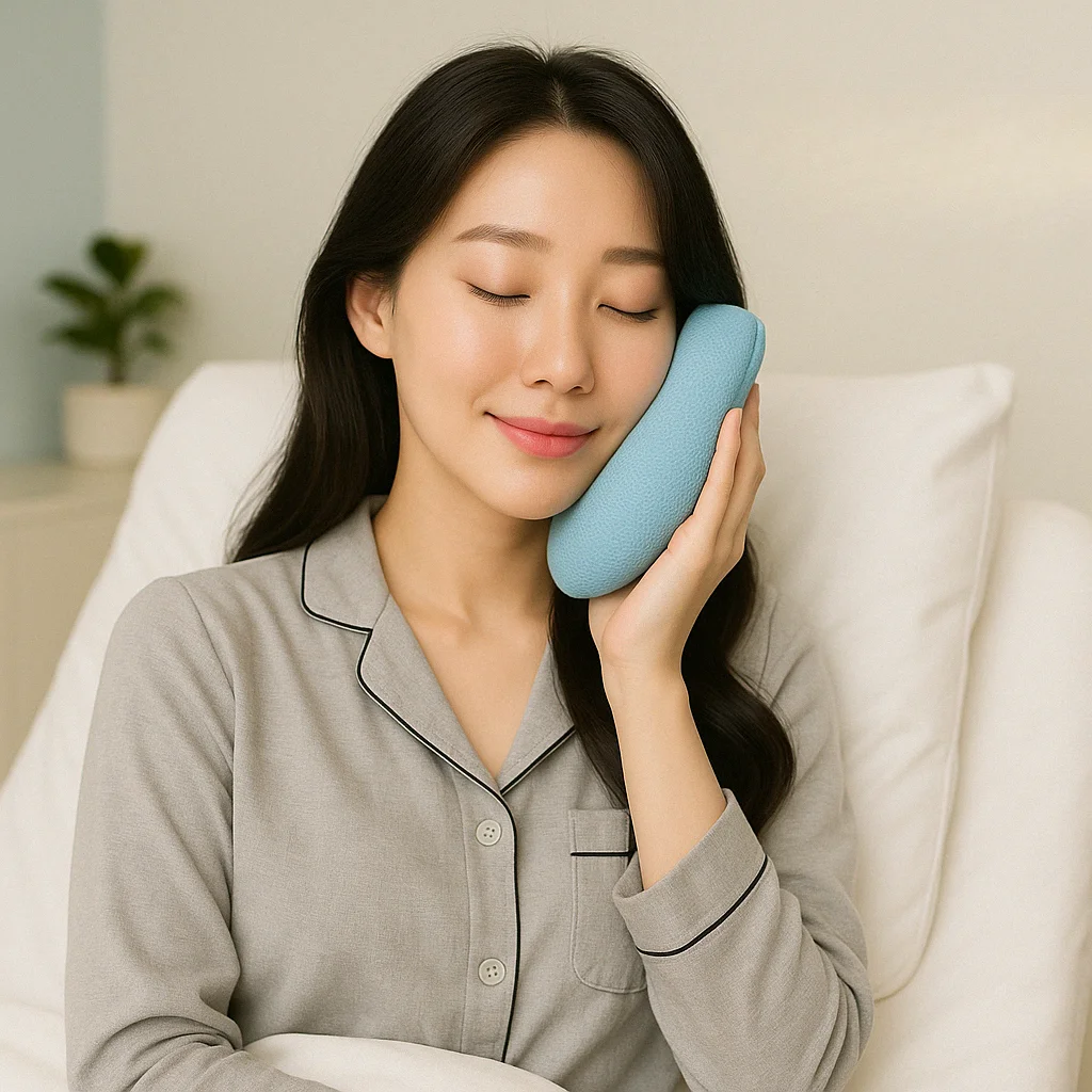 Patient applying a cold compress to the jaw during submandibular gland reduction surgery recovery to help reduce swelling and discomfort.