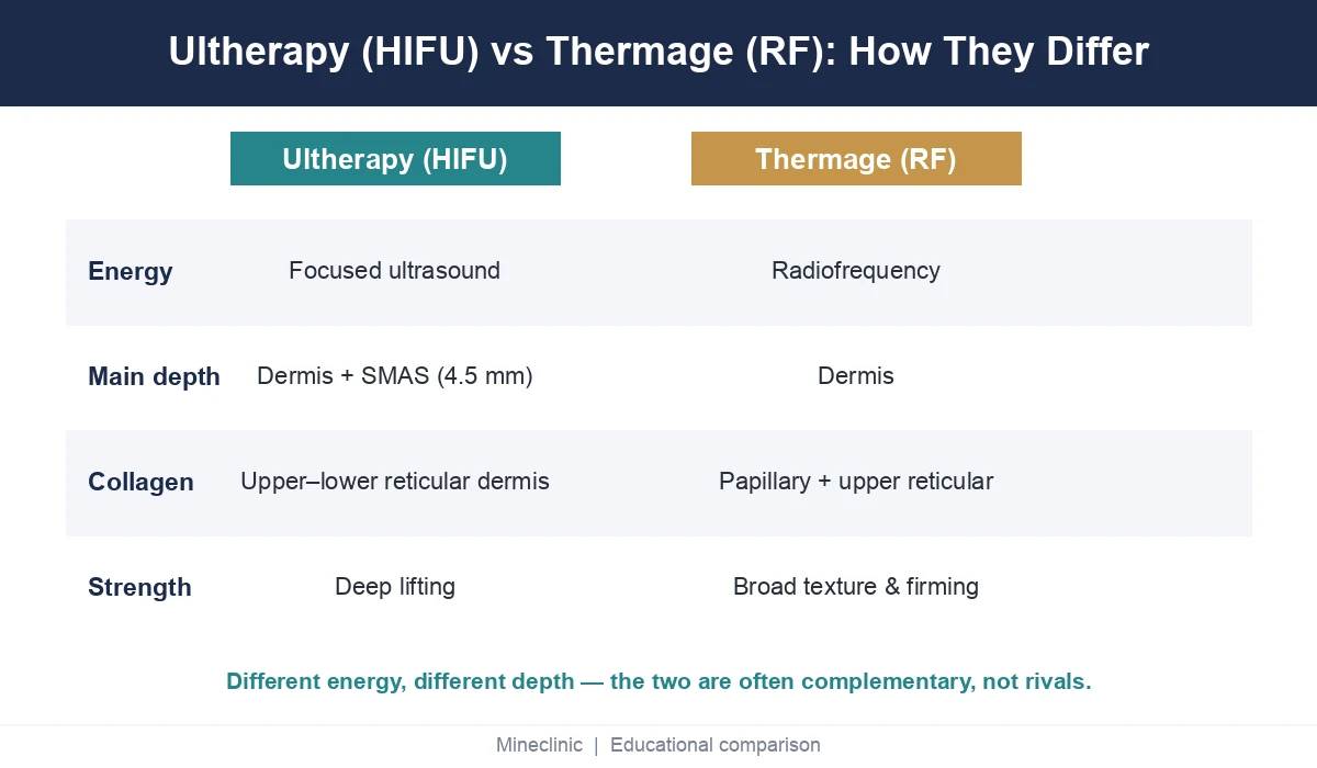 Comparison of Ultherapy HIFU and Thermage radiofrequency by energy type, depth, and collagen layer