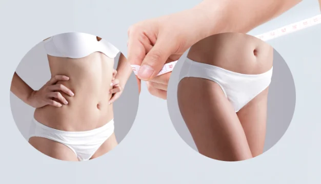 Breast fat transfer surgery donor area image showing abdominal and thigh fat harvesting sites used for autologous fat grafting to the breasts.