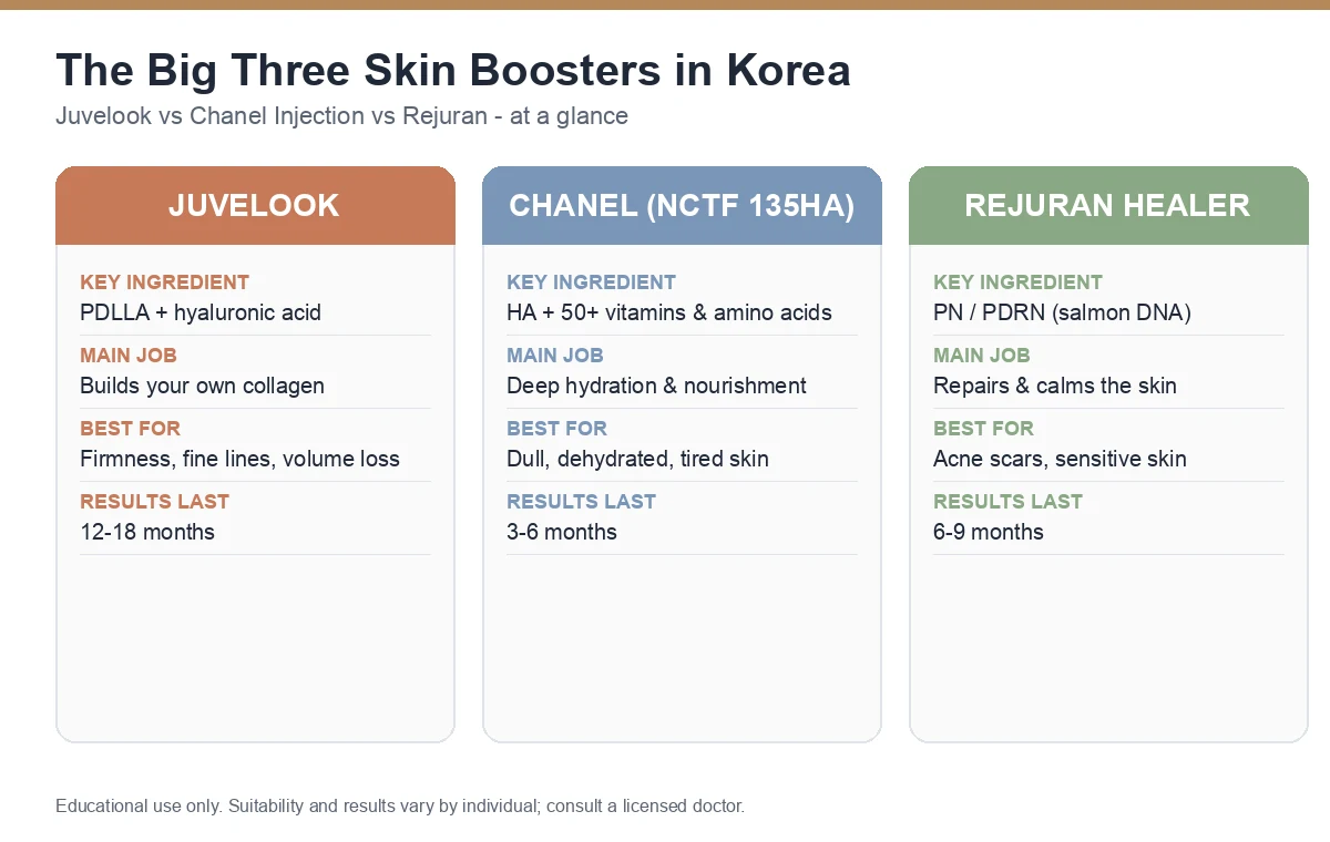 Comparison chart of Juvelook, Chanel injection and Rejuran skin boosters in Korea