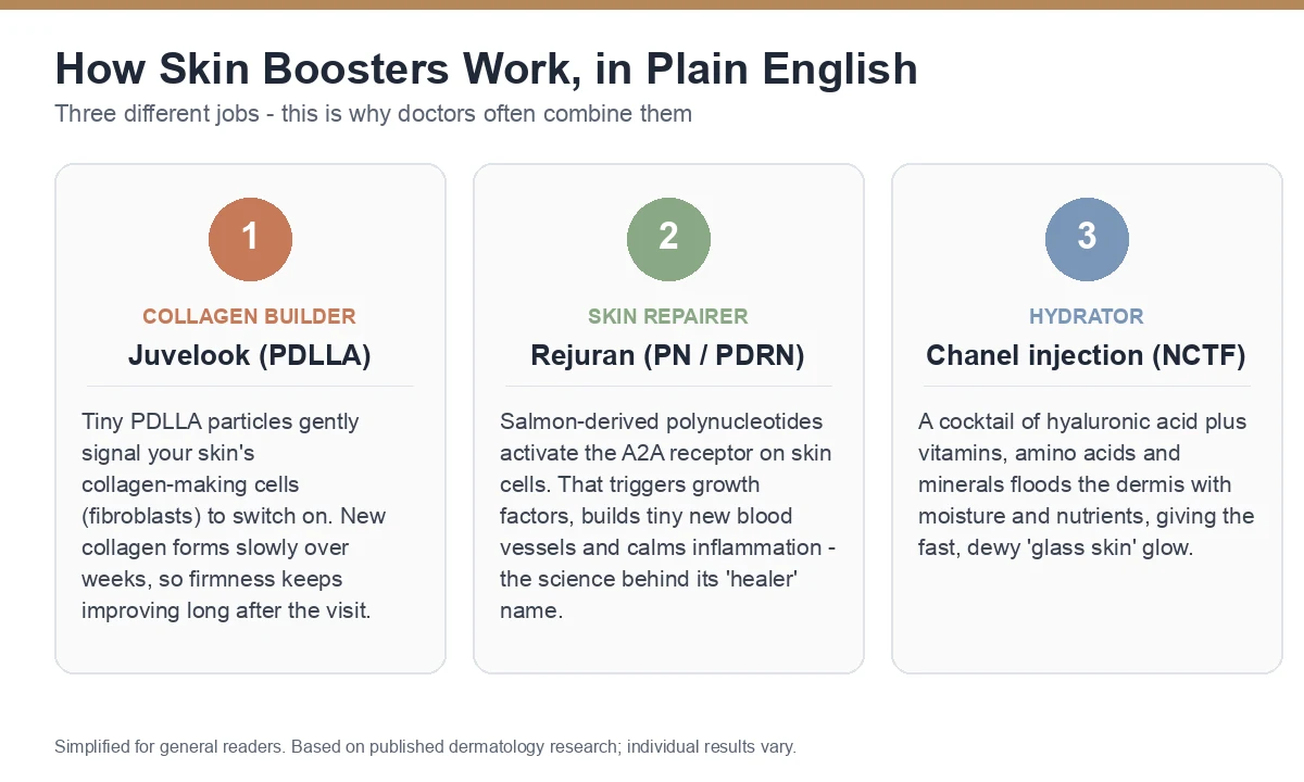 Infographic explaining how Juvelook, Rejuran and Chanel injection skin boosters work