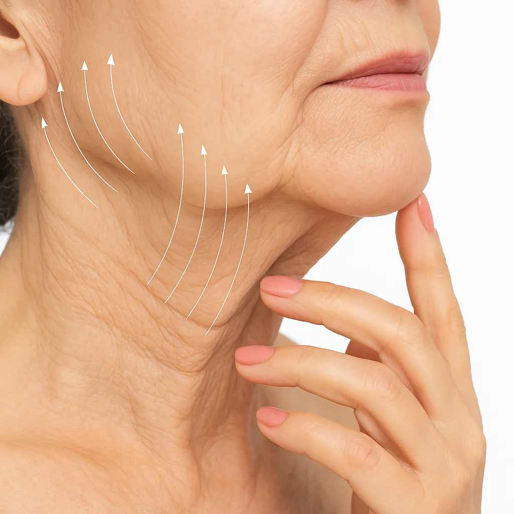 Close-up of an older woman’s neck showing sagging skin and wrinkles under the chin, illustrating aging signs before a neck lift procedure.