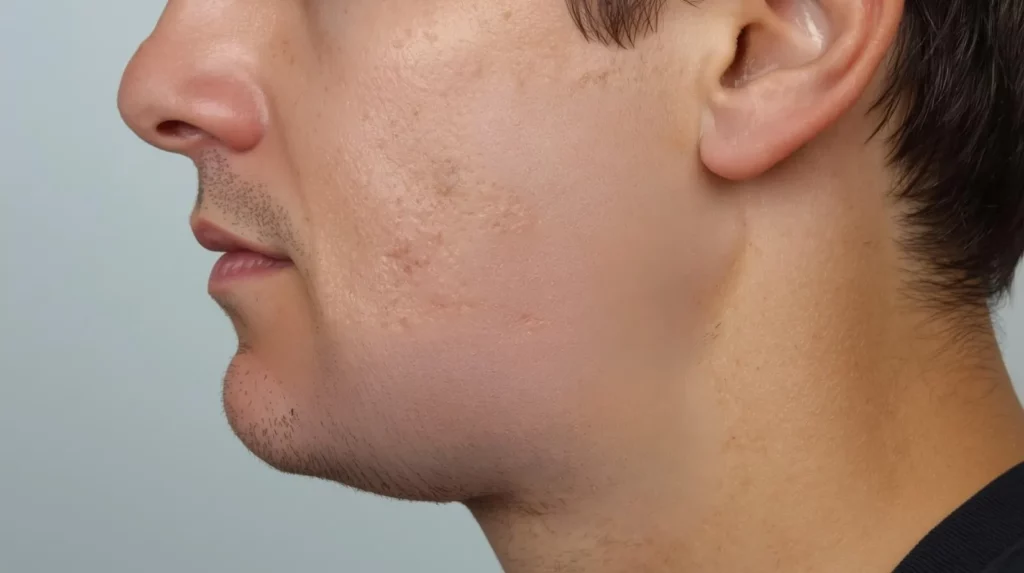 Male patient profile before Korean jawline lifting and mini neck lift, showing sagging skin and uneven texture along the jawline and lower cheek area.