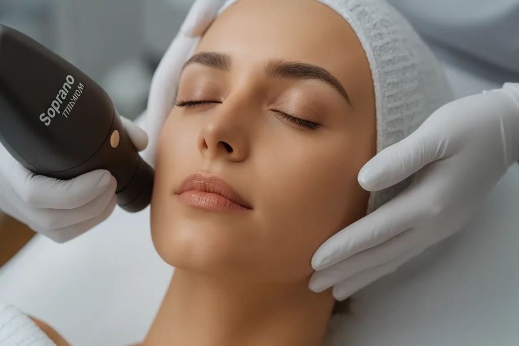 A woman undergoing a titanium lifting treatment with the Soprano Titanium hand piece applied to her cheek, performed by a professional wearing medical gloves in a clinical setting.