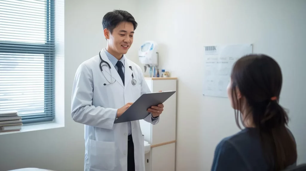 Doctor consulting with a patient during follow-up appointment, providing guidance and care for breast surgery recovery.