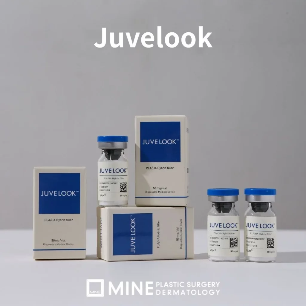 Juvelook skin booster products displayed with packaging and vials at MINE Plastic Surgery Dermatology.
