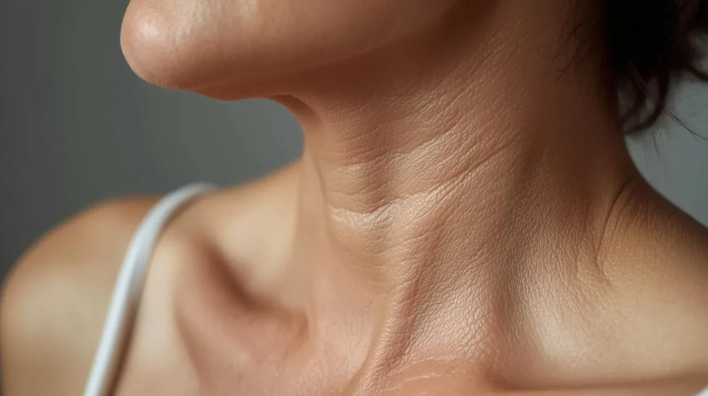 A close-up image of a woman’s neck and shoulder area showing visible horizontal neck wrinkles with natural skin texture, highlighting early signs of aging.