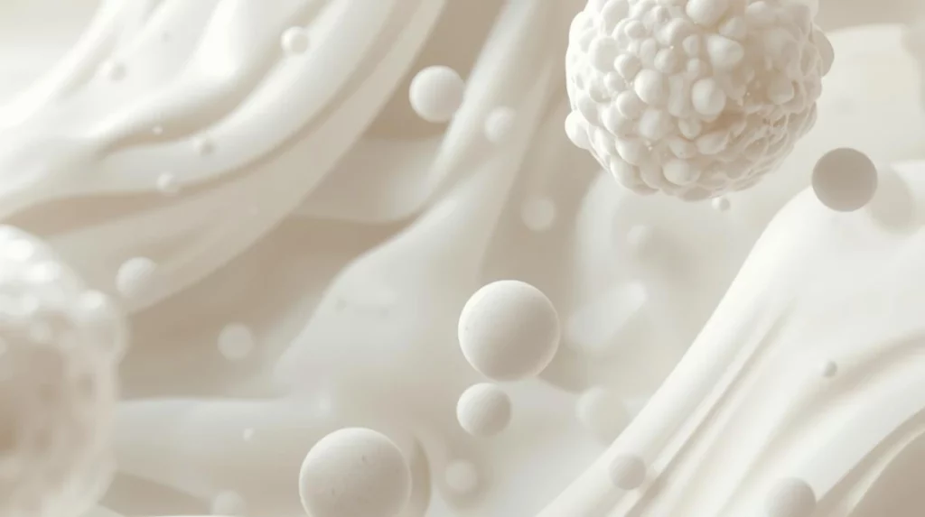Smooth abstract white background with soft spherical particles symbolizing PDRN and Rejuran skin regeneration molecules, representing collagen stimulation and tissue repair.
