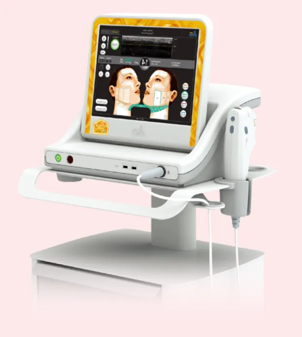 Ulthera lifting device with ultrasound imaging screen and handpiece on a light pink background.