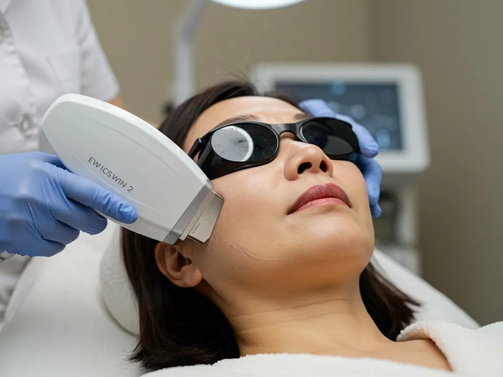 Postoperative skin management using device-based therapy around the jawline to support healing and minimize facelift and neck lift scar appearance.