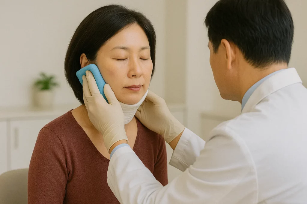 Salivary gland reduction postoperative care with compression band applied to the jawline to support healing and reduce swelling.