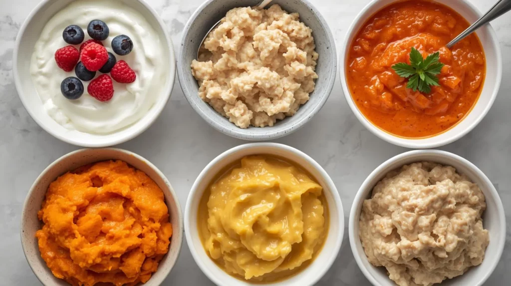 A set of soft, pureed foods such as yogurt with berries, mashed sweet potato, porridge, and smooth vegetable puree arranged in bowls — a recommended soft-diet option for patients recovering after salivary gland reduction. 