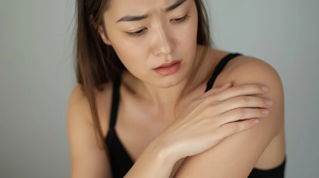 Post surgery numbness shown by a woman gently touching her arm, expressing mild discomfort during recovery.