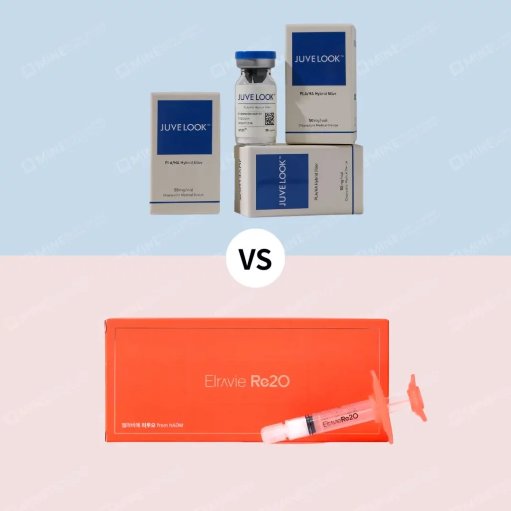 Comparison image of Juvelook PLA/HA hybrid filler versus Elravie Re2O, highlighting re2o collagen skin booster designed for collagen regeneration, skin elasticity improvement, and natural skin rejuvenation.