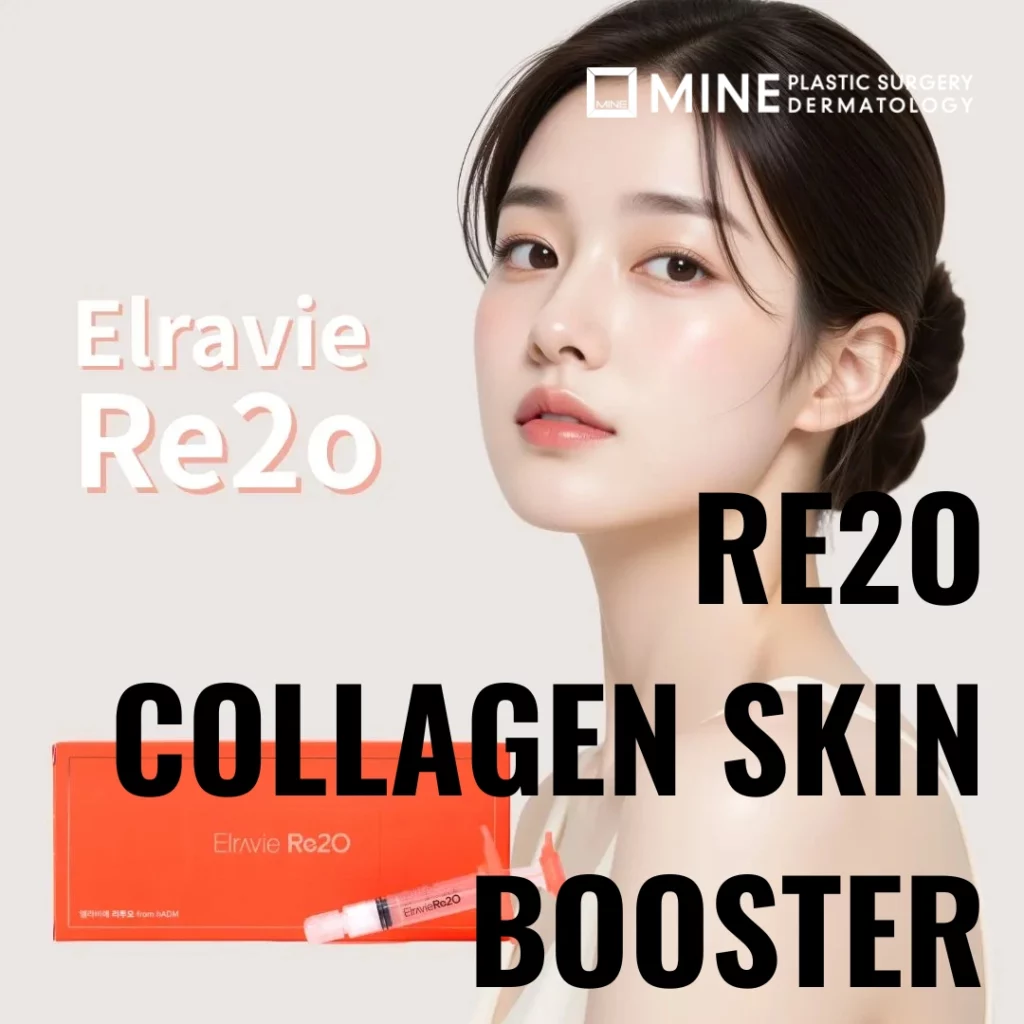 Re2O skin booster collagen treatment promotional image featuring Elravie Re2O product box and syringe with model portrait, highlighting collagen regeneration and skin booster effect for firm, glowing skin.